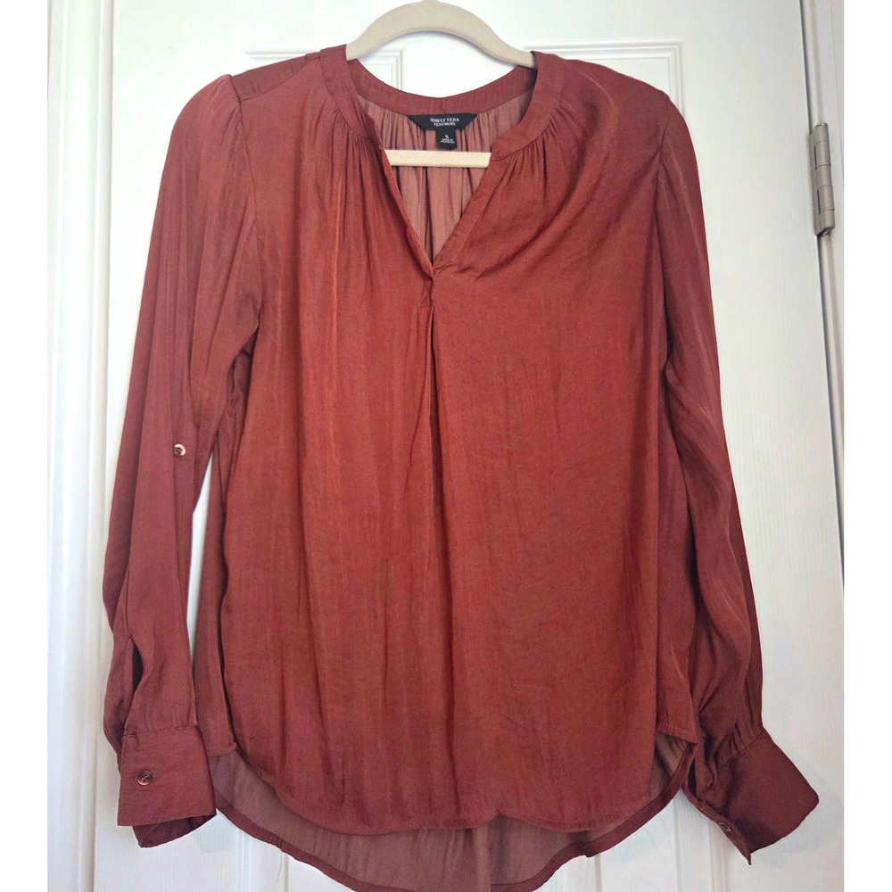 Simply Vera Vera Wang Satin Blouse S Rust Orange Split V-Neck Boho Pleated Top